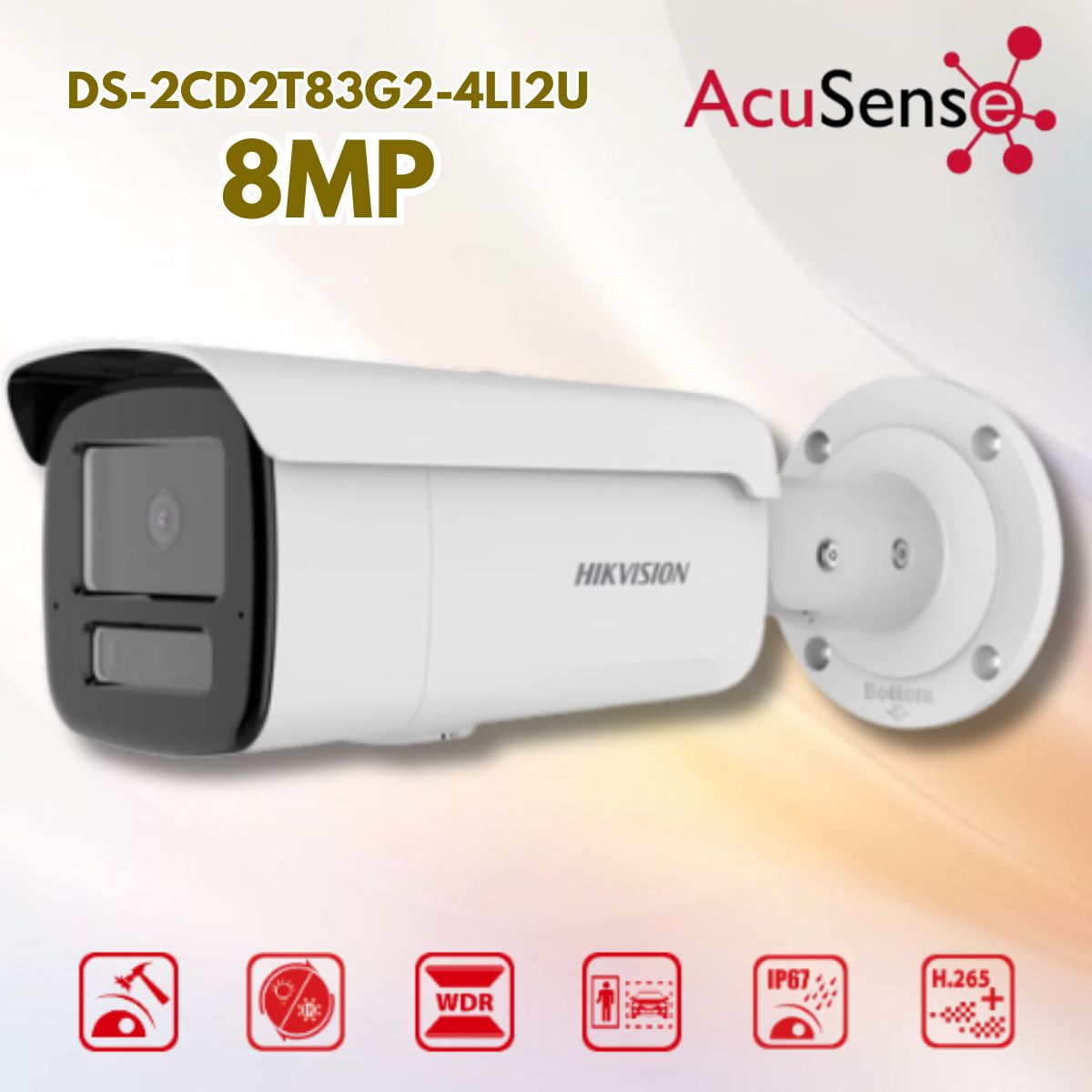Camera Hikvision DS-2CD2T83G2-4LI2U 8MP 4K, AcuSense phân loại người & xe, Smart Hybrid Light 80m, IP67
