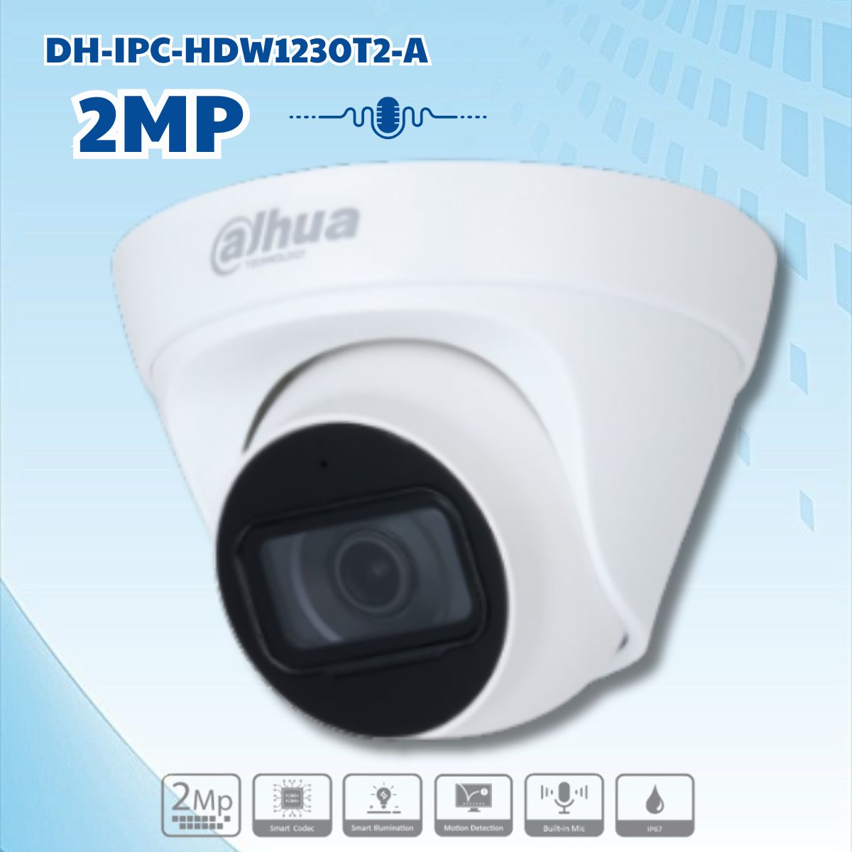 Camera Dahua DH-IPC-HDW1230T2-A  2MP, Tích hợp Mic, Hồng ngoại 30m, IP67, PoE.