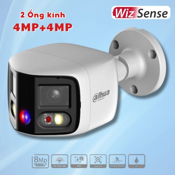 Camera góc nhìn 180 độ DH-IPC-PFW3849S-A180-AS-PV 2 ống kính 4MP + 4MP , Đèn trợ sáng 20m + IR 25m, Còi & Đèn cảnh báo chủ động