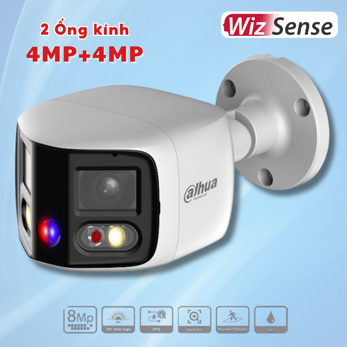 Camera góc nhìn 180 độ DH-IPC-PFW3849S-A180-AS-PV 2 ống kính 4MP + 4MP , Đèn trợ sáng 20m + IR 25m, Còi & Đèn cảnh báo chủ động