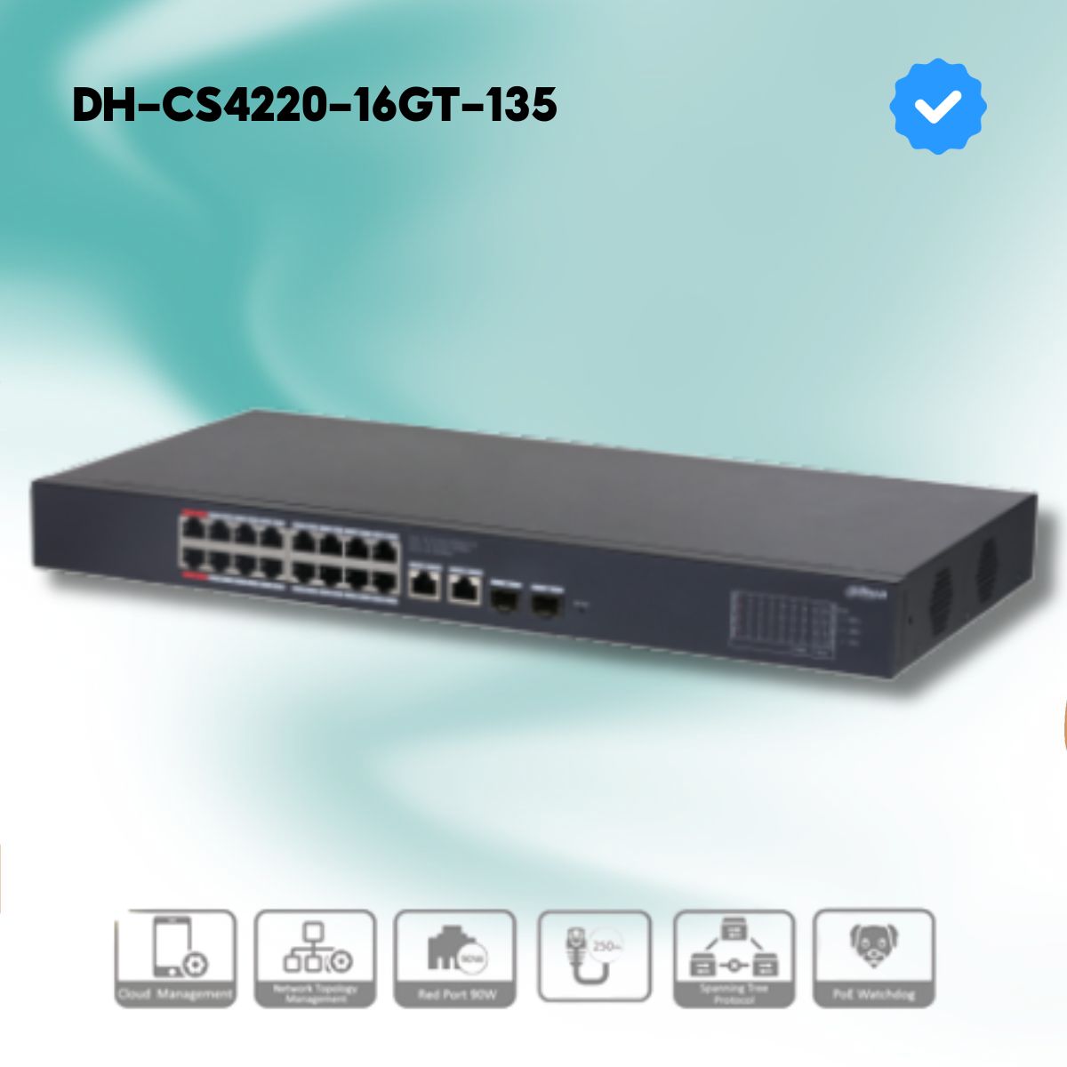 Switch PoE 20 cổng Dahua DH-CS4220-16GT-135, 16 cổng PoE RJ45 Gigabit + 2 cổng uplink RJ45 Gigabit + 2 cổng SFP, Truyền xa 250m