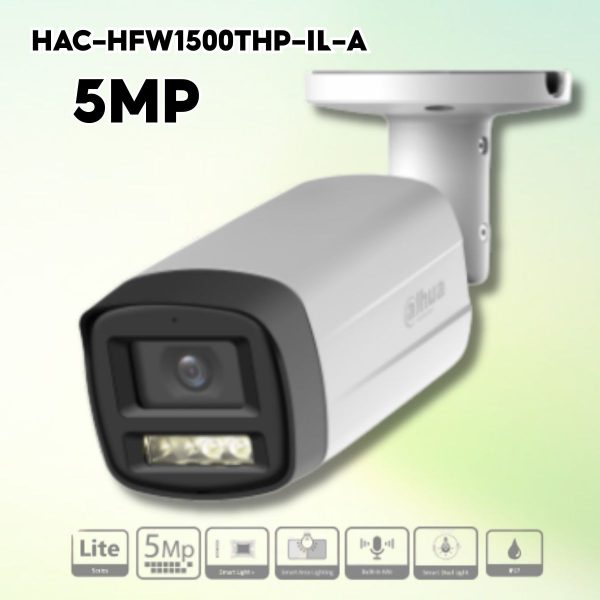 Camera Dahua Smart Dual Light 5MP – DH-HAC-HFW1500THP-IL-A IR & Warm Light 80m, Tích hợp Mic, IP67, 12VDC