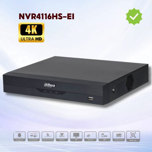 Đầu ghi IP 16 kênh Dahua DHI-NVR4116HS-EI 1 Sata HDD, Hỗ trợ camera 4K 16MP, Phát hiện/Nhận diện khuôn mặt, Đàm thoại 2 chiều