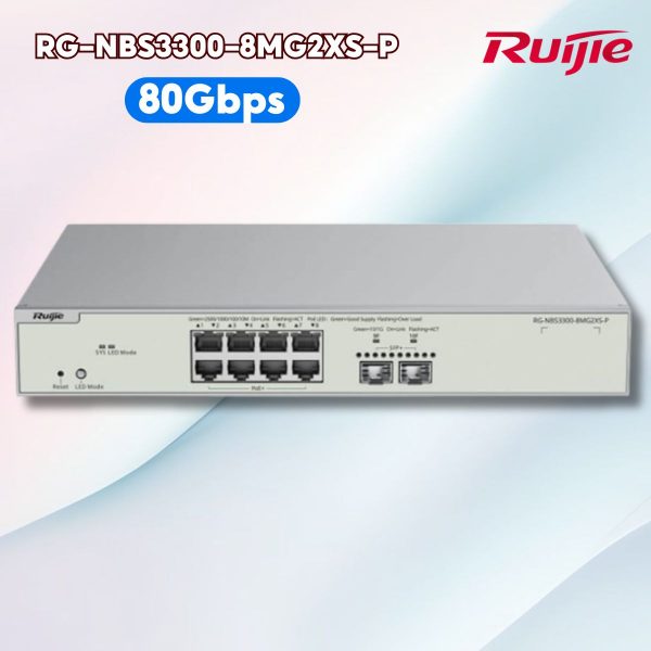 Thiết bị chuyển mạch Ruijie RG-NBS3300-8MG2XS-P, 8 Cổng 2.5G PoE+, 2 Cổng SFP+ Uplink, Băng thông 80Gbps