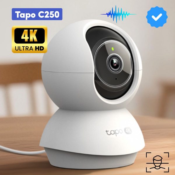 Camera Wi-Fi Tapo C250 4K 8MP, Xoay 360 độ, Phát hiện người, xe, tiếng trẻ em khóc, Âm thanh 2 chiều, Hỗ trợ thẻ nhớ up to 512GB
