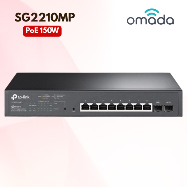 Switch 10 Cổng Gigabit Omada SG2210MP - 8 Cổng PoE+ 150W, 2 Khe SFP, Managed L2, Rack 13-inch