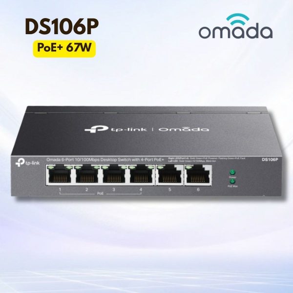 Switch 6 Cổng Omada DS106P - 4 Cổng PoE+ 67W, Truyền Xa 250m, Tự khôi phục PoE, Cắm là chạy
