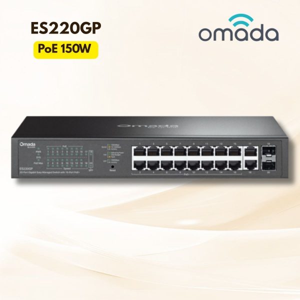 Thiết bị chuyển mạch Omada ES220GP 20 Cổng (18 RJ45 + 2 SFP), 16 Cổng Gigabit RJ45, Khoảng cách PoE 250m, Thiết kế không quạt yên tĩnh