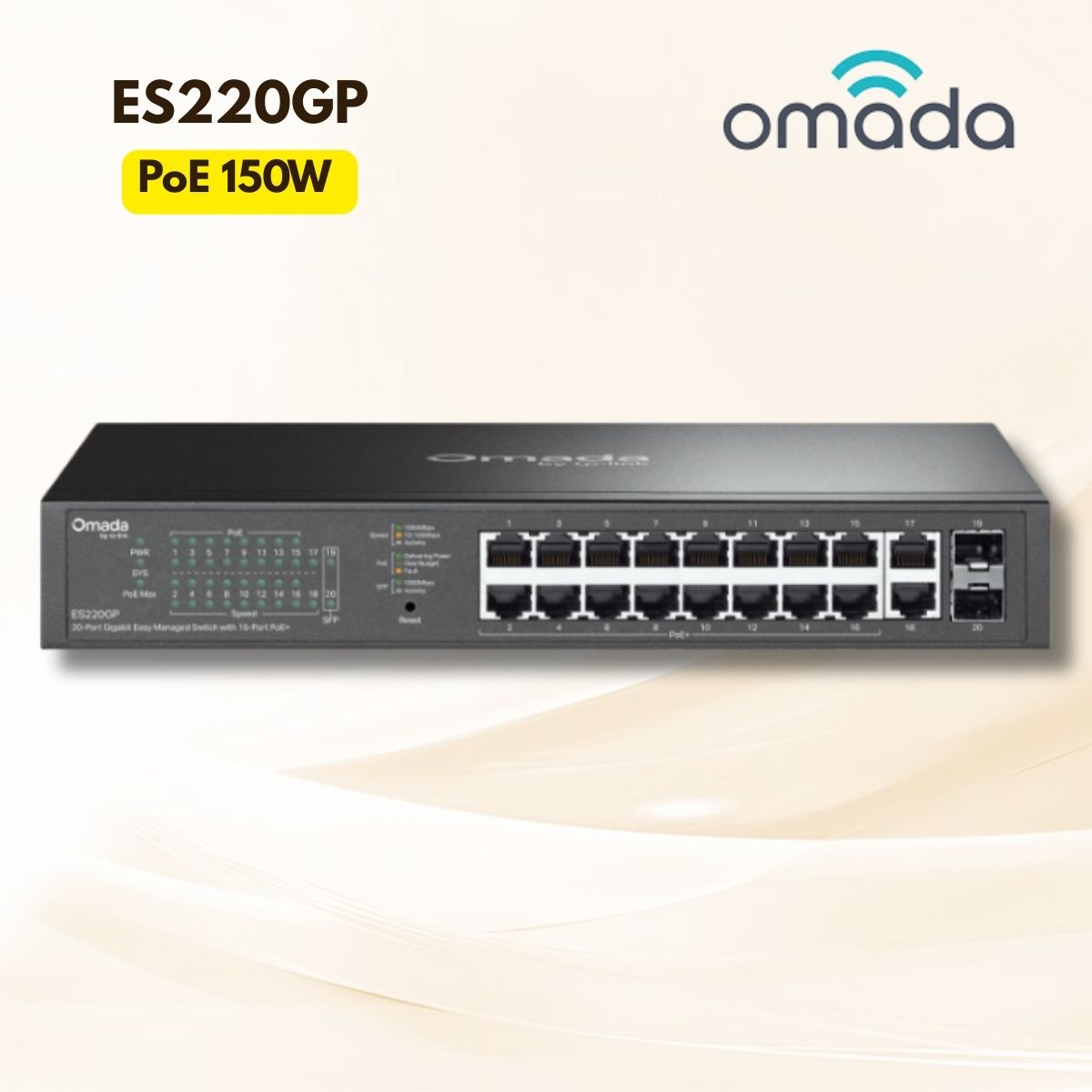 Thiết bị chuyển mạch Omada ES220GP 20 Cổng (18 RJ45 + 2 SFP), 16 Cổng Gigabit RJ45, Khoảng cách PoE 250m, Thiết kế không quạt yên tĩnh