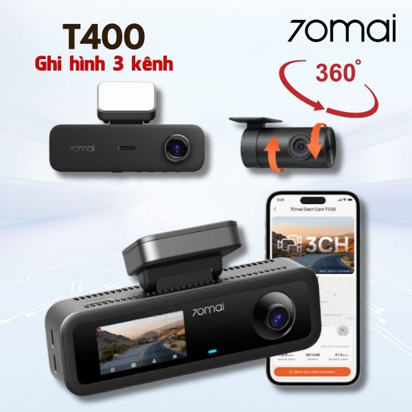 Camera hành trình ghi hình 3 kênh 70mai T400 2,5K Wifi 6, Màn hình 1.9 inch, Điều khiển giọng nói & Giám sát đỗ xe 24h