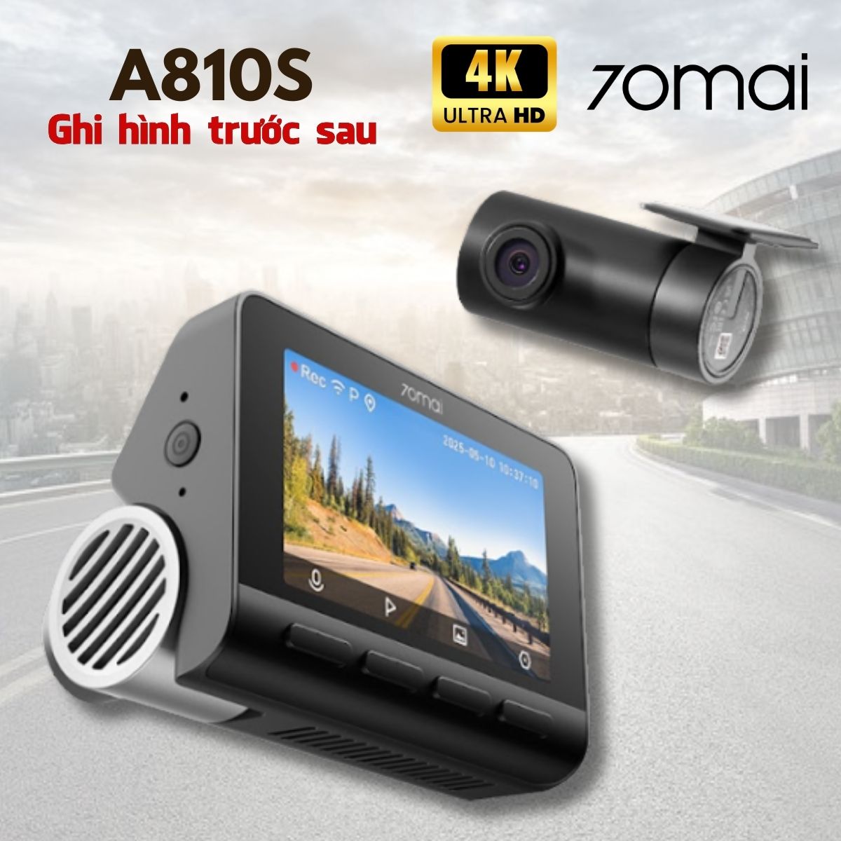 Camera hành trình 70mai 4K A810S Ghi hình trước sau, Công nghệ ROI, Hỗ trợ 4G, Wi-Fi, GPS tích hợp