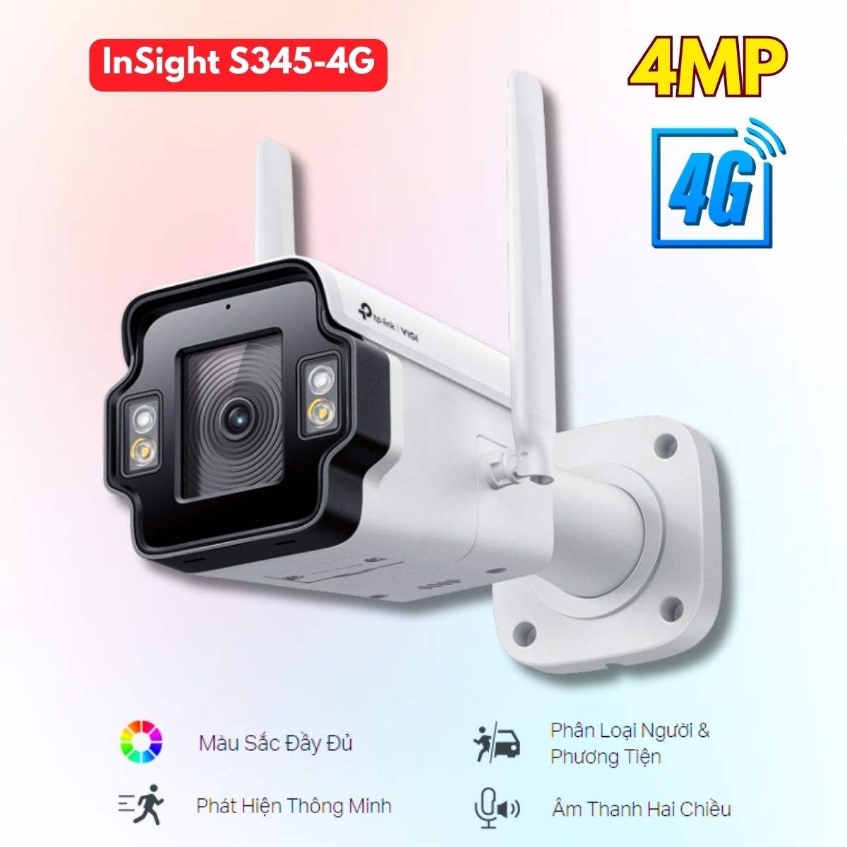 Camera 4G có màu ban đêm VIGI InSight S345-4G 4MP, 3 Cổng LAN, Âm thanh 2 chiều, Nhận diện người & xe, H.265+