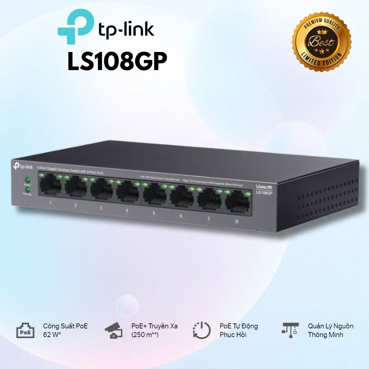 Switch Để Bàn Gigabit 8 Cổng với 8 Cổng PoE+ TP-Link LS108GP PoE 62 W, Truyền PoE lên tới 250m, Hoạt động yên lặng