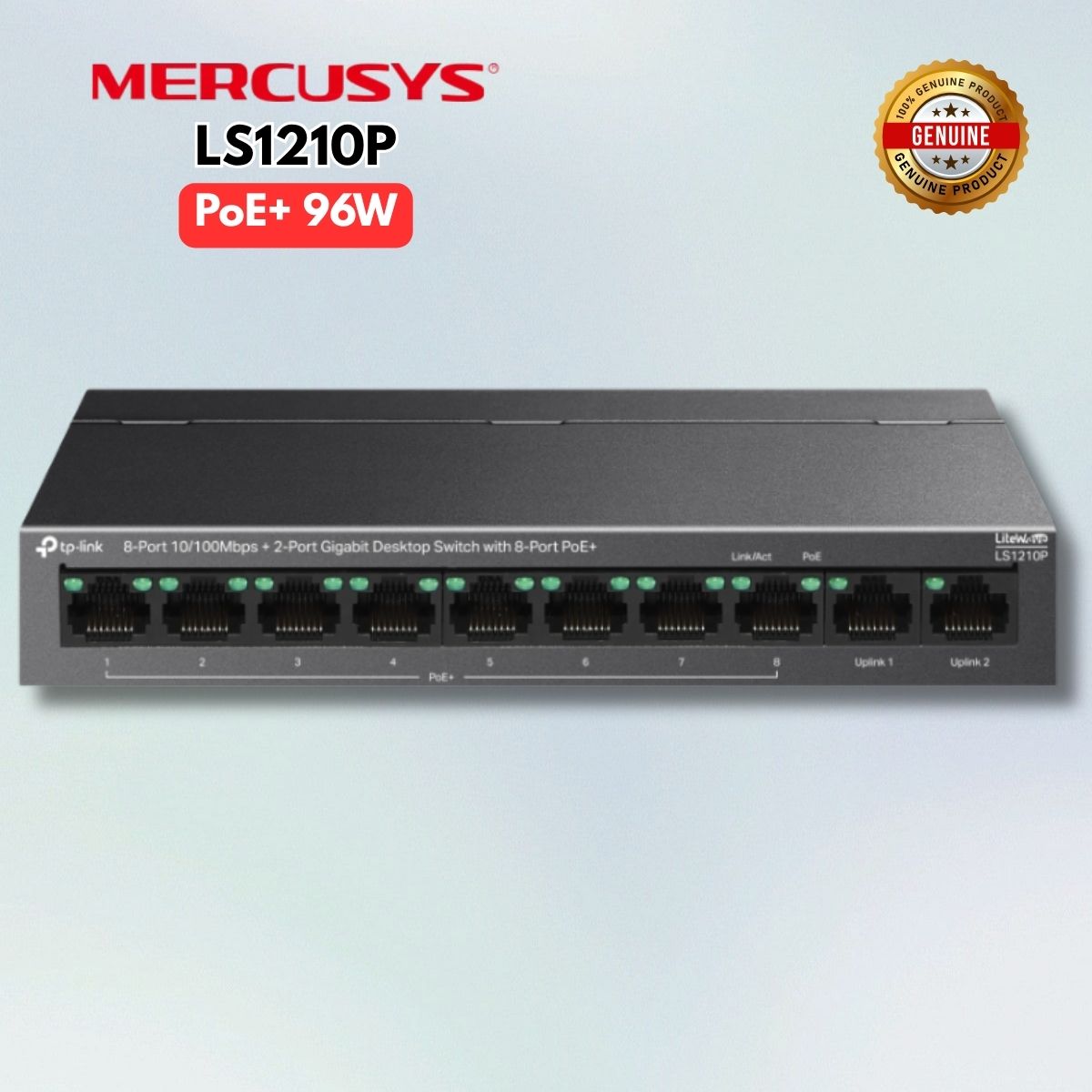 Bộ chuyển mạch để bàn 10 cổng TP-Link LS1210P: 8 Cổng PoE+ 10/100 Mbps, 2 Cổng Gigabit Uplink, Truyền Xa 250m, Hoạt động yên tĩnh