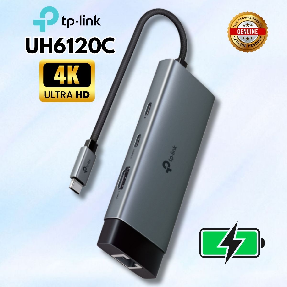 Hub USB Type-C 6 Trong 1 UH6120C: Xuất Hình 4K@60Hz, Sạc Nhanh 100W, LAN Gigabit, 3 Cổng USB 3.0