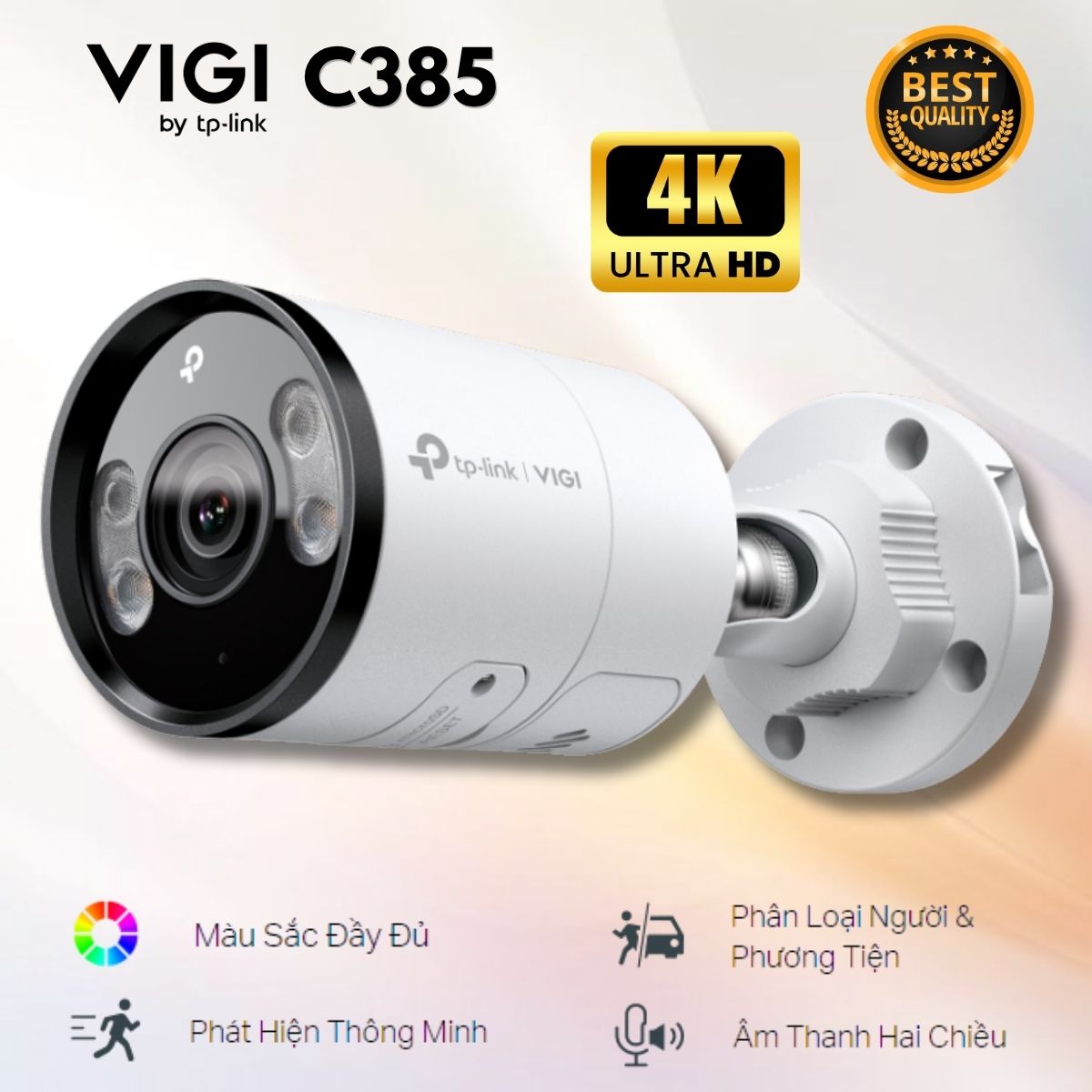 Camera thân trụ 4K 8MP VIGI C385: Màu đầy đủ 24/7, Phân loại người và xe, Đàm thoại 2 chiều, 12V DC/PoE