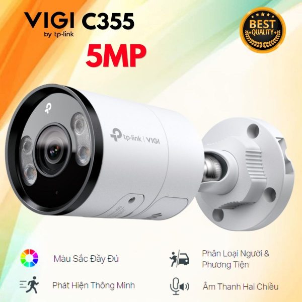 Camera thân trụ ngoài trời VIGI C355 5MP Full-Color 24h, Nhận diện người & xe, Âm thanh hai chiều, IP67 & Nén H.265+