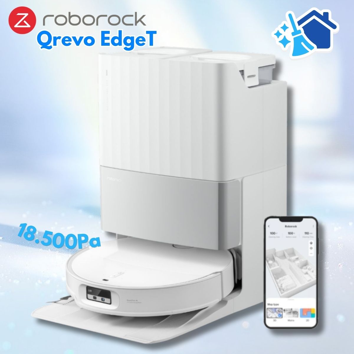 Robot Hút Bụi rảnh tay Roborock Qrevo EdgeT: Siêu Mỏng 7.98cm, Lực Hút 18.500Pa, Trạm Sạc 8 Trong 1, Lau xoay giẻ