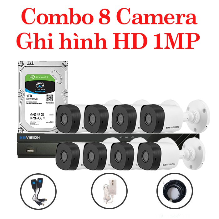 Trọn bộ 8 Camera KX-1001C4 + 1 Đầu ghi hình 8 kênh KBVISION độ phân giải 1 Megapixel