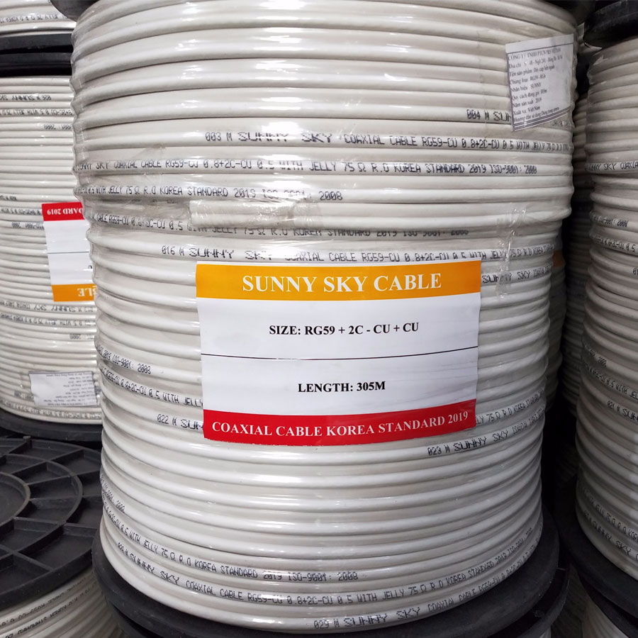 Cáp đồng trục liền nguồn Sunny Sky RG59+2C - CU+CU 0.8 chuyên dùng cho camera (305m)