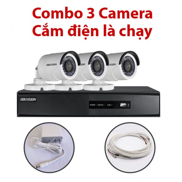 Trọn bộ 3 Camera DS-2CE16C0T-IR + Đầu ghi hình HIKVISION, có sẵn phụ kiện, cắm điện là chạy