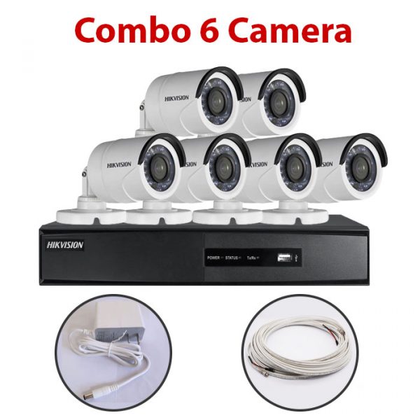 Trọn bộ 6 Camera DS-2CE16C0T-IR + Đầu ghi hình HIKVISION, có sẵn phụ kiện, cắm điện là chạy