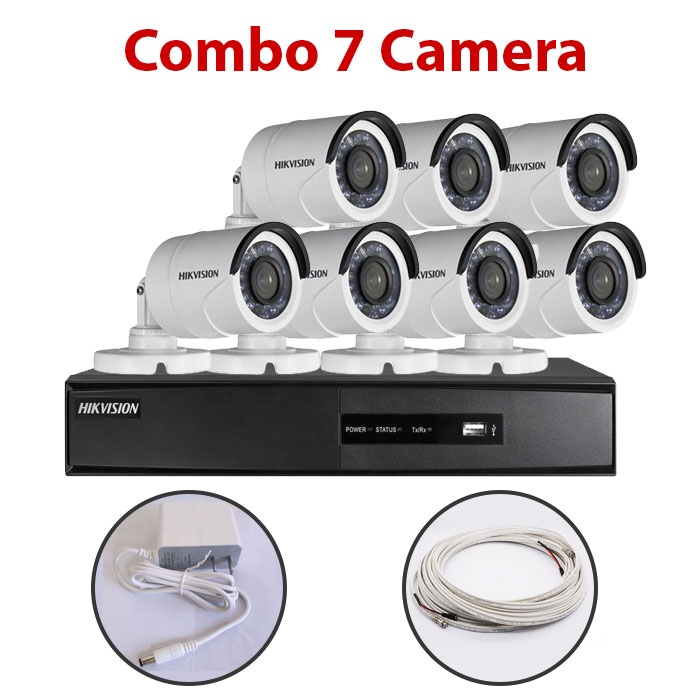 Trọn bộ 7 Camera DS-2CE16C0T-IR + Đầu ghi hình HIKVISION, có sẵn phụ kiện, cắm điện là chạy