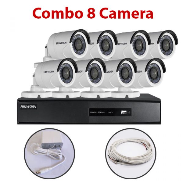 Trọn bộ 8 Camera DS-2CE16C0T-IR + Đầu ghi hình HIKVISION, có sẵn phụ kiện, cắm điện là chạy