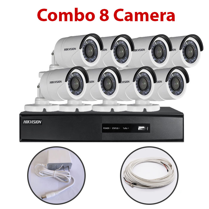 Trọn bộ 8 Camera DS-2CE16C0T-IR + Đầu ghi hình HIKVISION, có sẵn phụ kiện, cắm điện là chạy