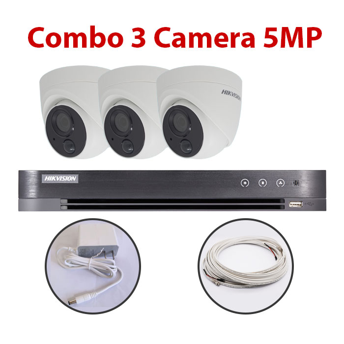 Trọn bộ 3 Camera DS-2CE71H0T-PIRL + Đầu ghi hình HIKVISION, có sẵn phụ kiện, cắm điện là chạy