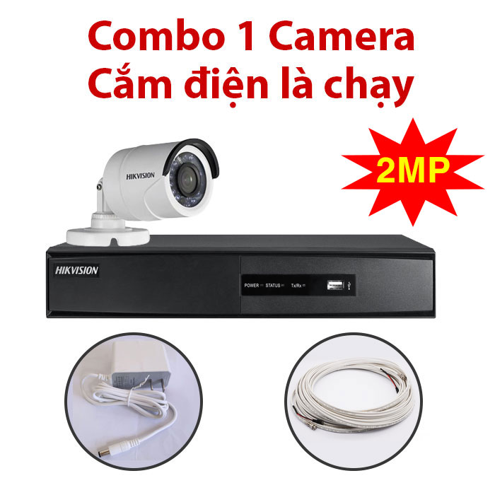 Trọn bộ 1 Camera 2MP DS-2CE16D0T-IR(C) + Đầu ghi hình HIKVISION, có sẵn phụ kiện, cắm điện là chạy