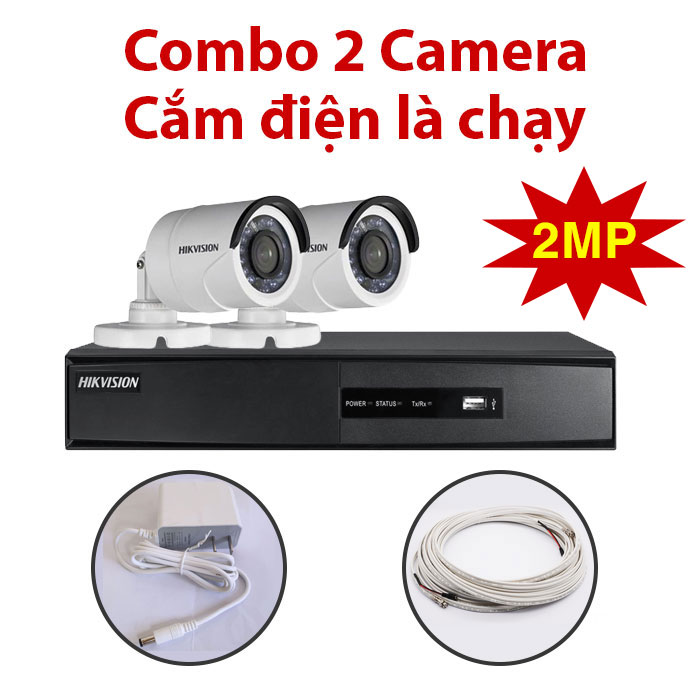 Trọn bộ 2 Camera 2MP DS-2CE16D0T-IR(C) + Đầu ghi hình HIKVISION, có sẵn phụ kiện, cắm điện là chạy