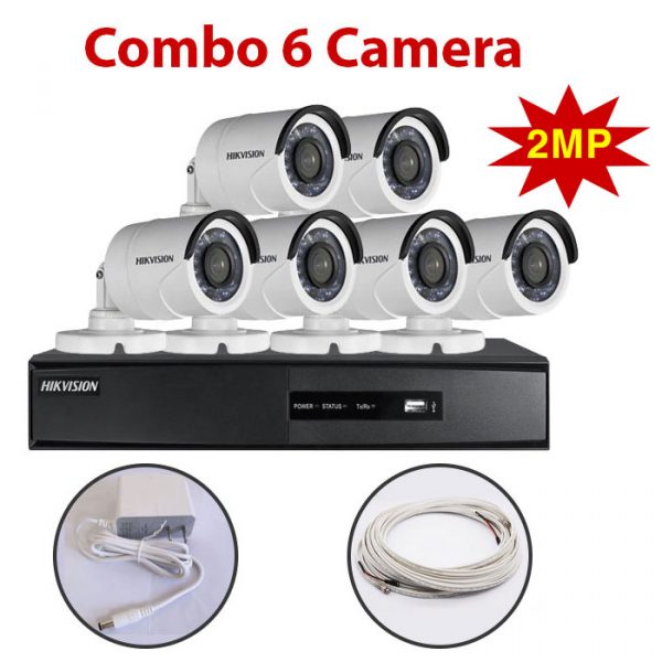 Trọn bộ 6 Camera 2MP DS-2CE16D0T-IR(C) + Đầu ghi hình HIKVISION, có sẵn phụ kiện, cắm điện là chạy