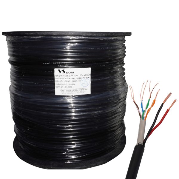 Dây Cáp mạng kèm liền nguồn VSCOM Cat5 UTP lõi đồng nguyên chất vỏ PE đi được ngoài trời (cuộn 305m)