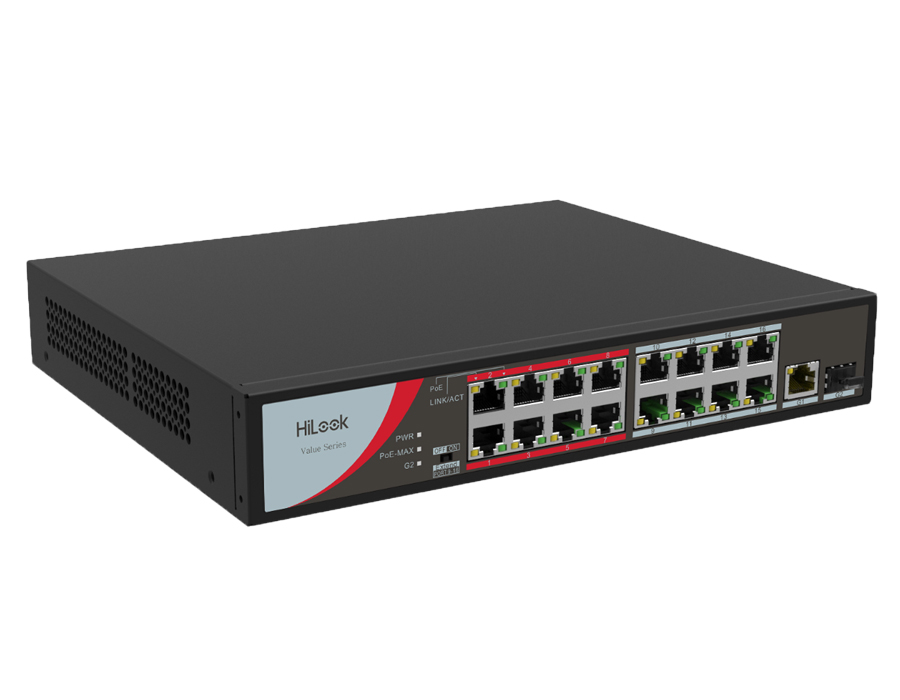 Switch PoE HiLook NS-0318P-130(B) 16 Port 100Mbps, công suất PoE 130W, 1 cổng RJ45, 1 cổng SFP 1000M
