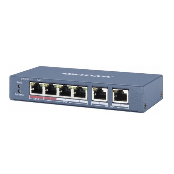Switch poe Hikvision DS-3E0106P-E/M 4 Port 10/100M + 2 Port Uplink Gigabit RJ45 cấp nguồn đến 300m