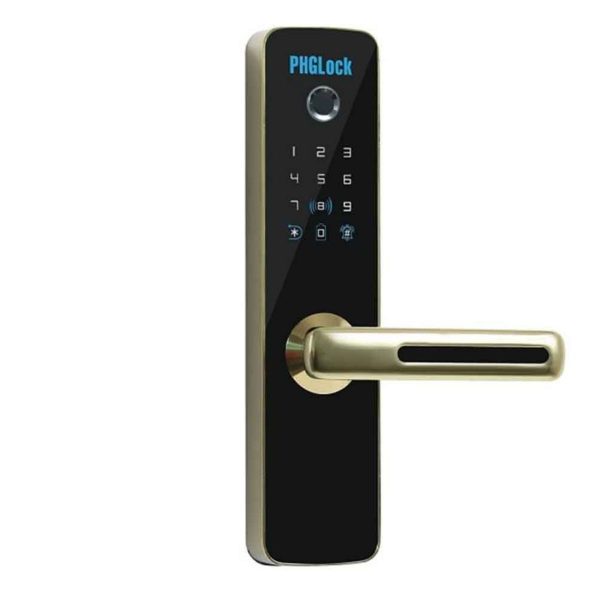 Khóa cửa vân tay tùy chọn thêm Remote PHGLock FP7153 màu vàng 256 thẻ MI, 256 mật mã, 100 vân tay và chìa khóa cơ