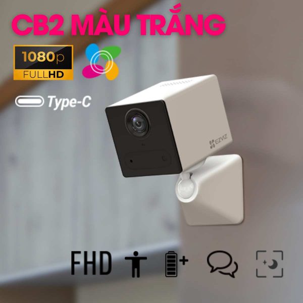 Camera wifi không dây dùng pin sạc Ezviz CB2 màu trắng, 2MP, phát hiện người, pin 2000mAh, đàm thoại 2 chiều