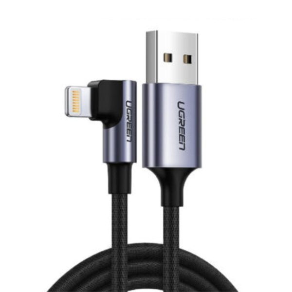 Cáp sạc 1m Lightning đầu bẻ vuông góc Ugreen 60521 US299 màu đen, tốc độ truyền dữ liệu 480Mbps