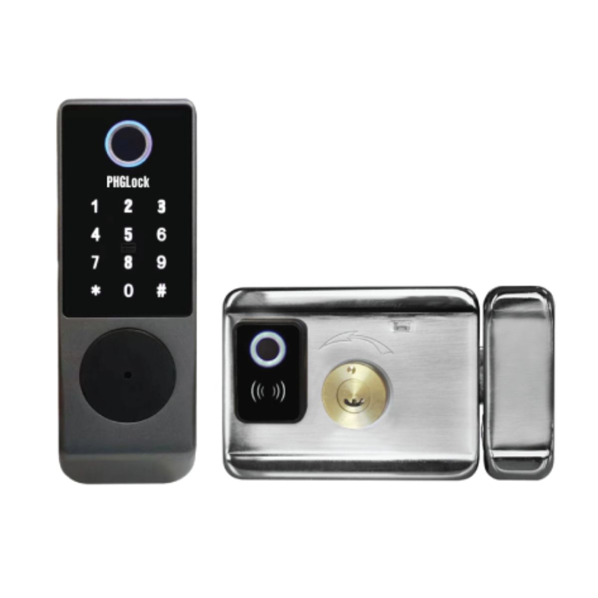Khóa cổng chuông cửa màn hình PHGLock FE36 100 gồm vân tay, thẻ từ, mã số và chìa khóa cơ