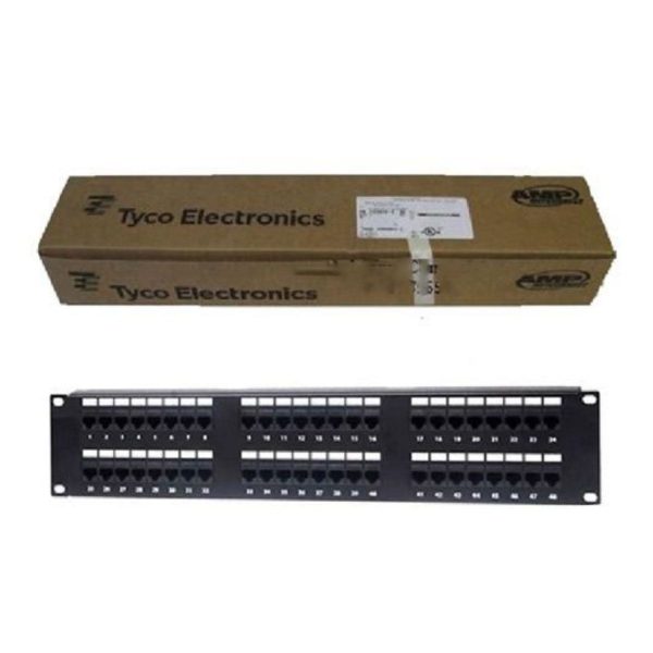 Patch panel 48 port AMP/Commscope Cat6 bằng thép, vỏ màu đen,  lắp trên rack 19 inch