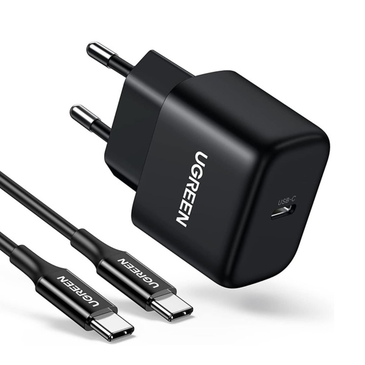 Cốc sạc nhanh USB-C và cáp USB EU 2m Ugreen 50581 CD250 màu đen, công suất 25W, tương thích PD3.0 (PD2.0)