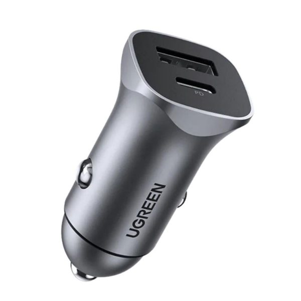 Bộ sạc xe hơi USB kép Ugreen 30780 CD130 màu xám, cổng USB 2.4A và cổng TypeC