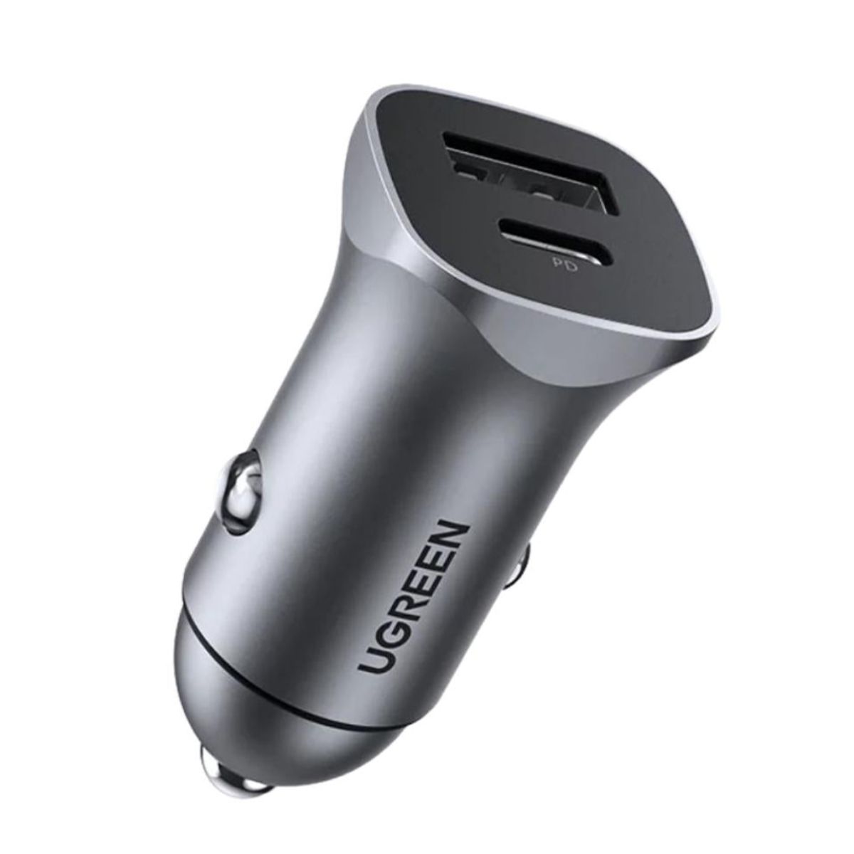 Bộ sạc xe hơi USB kép Ugreen 30780 CD130 màu xám, cổng USB 2.4A và cổng TypeC