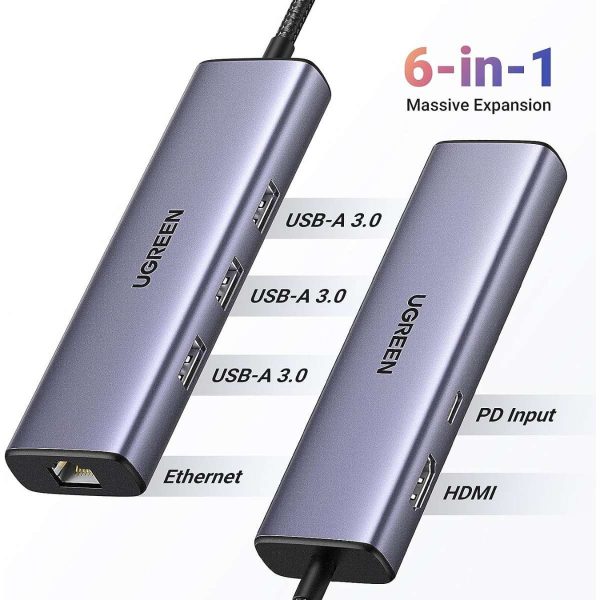 Bộ chuyển Ugreen 15598 CM512 6 in 1 Type-C sang HDMI 4K@30Hz + 3*USB-A 3.0 + RJ45, sạc PD 100W