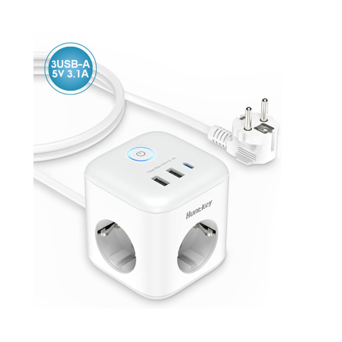 Ổ điện đa năng Huntkey SGC-307 3 lỗ cắm AC, 2USB/1TypeC, dây 1.5 mét, chống đoản mạch, công suất 15.1W