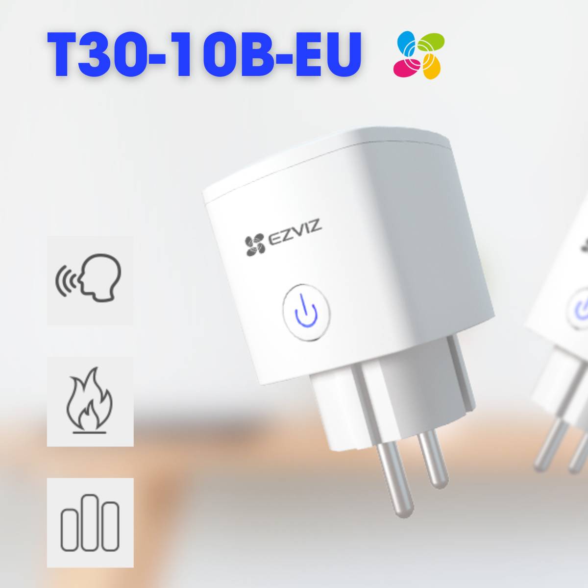 Ổ cắm điện thông minh Ezviz T30-10B-EU điều khiển từ xa bằng giọng nói, hỗ trợ Wifi 2.4Ghz, chịu lửa 750°C, tiết kiệm năng lượng