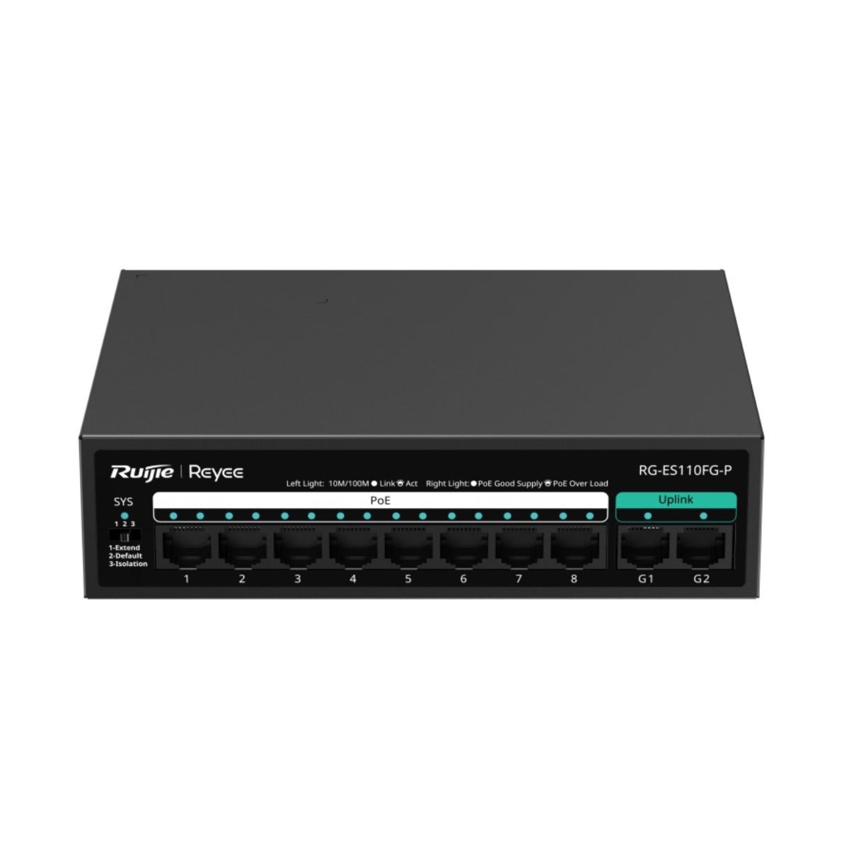 Switch chia mạng 8 cổng Reyee RG-ES110FG-P 8 10/100 BASE-T PoE/PoE+, 2 cổng uplink 100Mps, 5.6Gbps, PoE 110W