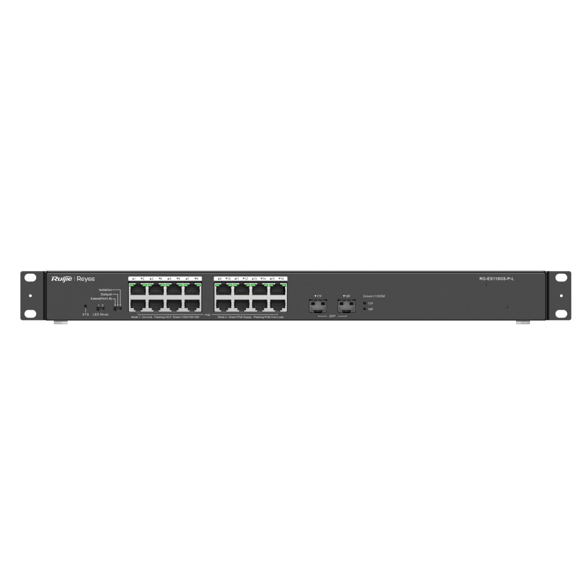 Switch PoE 16 cổng Reyee RG-ES118GS-P-L 16 cổng 10/100/1000 BASE-T PoE/PoE+, uplink quang 1Gps, tốc độ 36Gbps, công suất 247W