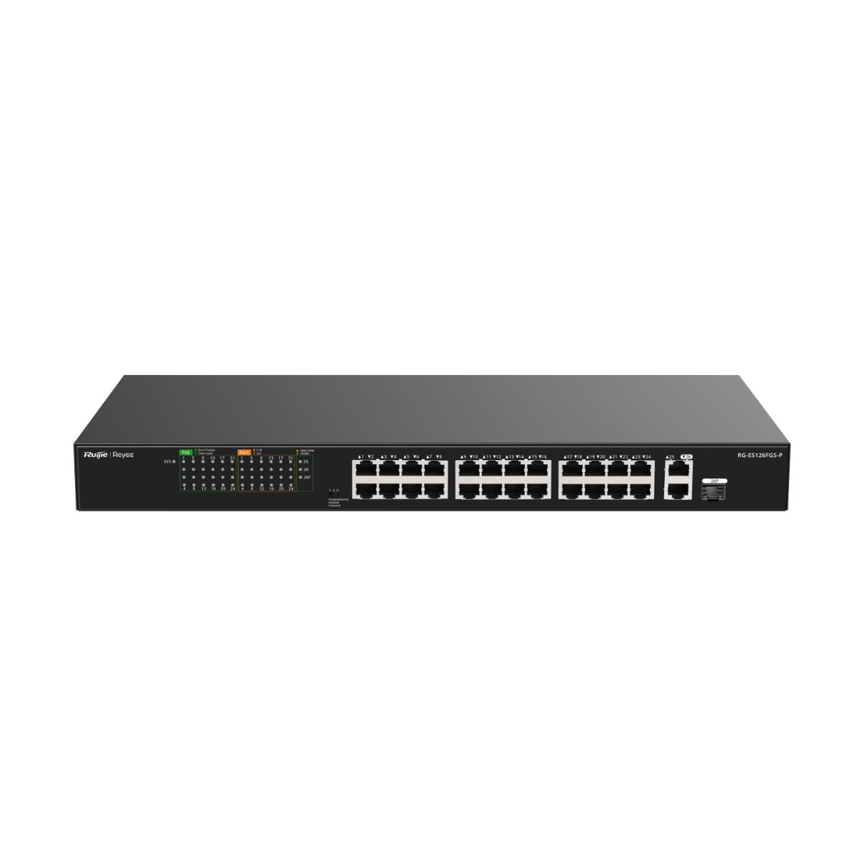 Switch PoE 24 cổng Reyee RG-ES126FGS-P 24 cổng 10/100/1000BASE-T, PoE 370W, 2 uplink 1000 Mbps với 1 cổng combo